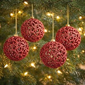 Set of 4 Red Glitter Filigree Christmas Ornaments‎ Round Scrollwork Baubles